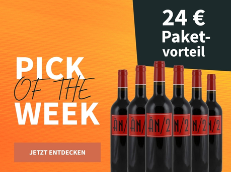 Meravino Weinaktion mit dem Slogan "Pick of the Week". Orangefarbener Hintergrund, davor sechs Flaschen Ànima Negra ÀN/2 2023. Hinweis auf "24 € Paketvorteil". Unten Button "Jetzt entdecken".