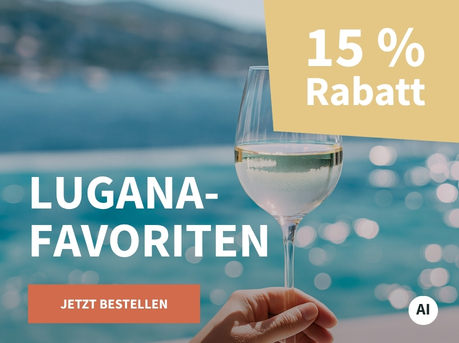 Meravino Weinaktion mit dem Slogan "Lugana-Favoriten". Im Hintergrund ein Glas Weißwein vor einem Infinity-Swimmingpool. Hinweis auf "15 % Rabatt". Unten Button "Jetzt bestellen". | KI-generiert