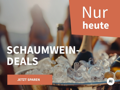 Meravino Weinaktion mit dem Slogan "Schaumwein-Deals". Im Hintergrund Umrisse von Menschen, im Vordergrund mehrere Flaschen Schaumwein in einem mit Eiswürfeln gefüllten Weinkühler. Hinweis auf "Nur heute". Unten Button "Jetzt sparen". | KI-generiert