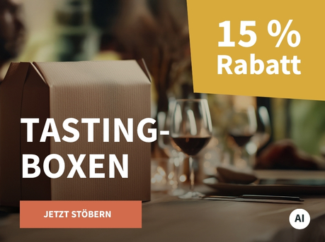 Meravino Weinaktion mit dem Slogan "Tastingboxen". Im Hintergrund ein gedeckter Tisch, auf dem ein kleines Paket steht. Hinweis auf "15 % Rabatt". Unten Button "Jetzt stöbern". | KI-generiert