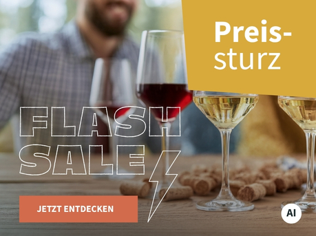 Meravino Weinaktion mit dem Slogan "Flash Sale". Im Hintergrund mehrere Gläser Wein und Korken auf einem Holztisch, an dem zwei Personen sitzen. Hinweis auf "Preissturz". Unten Button "Jetzt entdecken". | KI-generiert