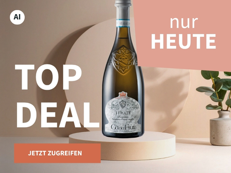 Meravino Weinaktion mit dem Slogan "Top Deal". Beigefarbener Hintergrund, davor eine Flasche Ca dei Frati Lugana auf einem kleinen Podest, daneben eine Pflanze. Hinweis auf "Nur heute". Unten Button "Jetzt zugreifen". | KI-generiert