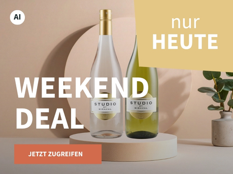 Meravino Weinaktion mit dem Slogan "Weekend Deal". Beigefarbener Hintergrund, davor je eine Flaschen Studio by Miraval Rosé und Weißwein auf einem kleinen Podest, daneben eine Pflanze. Hinweis auf "Nur heute". Unten Button "Jetzt zugreifen". | KI-generiert