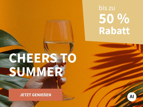 Meravino Weinaktion mit dem Slogan "Cheers to Summer". Im Hintergrund eine orangefarbene Wand und eine Pflanze, in der Mitte ein Glas Weißwein. Hinweis auf "bis zu 50 % Rabatt". Unten Button "Jetzt genießen". | KI-generiert