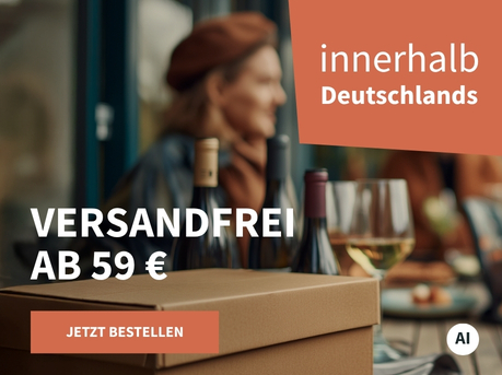 Meravino Weinaktion mit dem Slogan "Versandfrei ab 59 €". Im Hintergrund mehrere Personen, die an einem gedeckten Tisch mit Weinflaschen und -gläsern sitzen. Hinweis auf "innerhalb Deutschlands". Unten Button "Jetzt bestellen". | KI-generiert