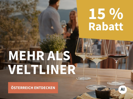 Meravino Weinaktion mit dem Slogan "Mehr als Veltliner". Im Hintergrund drei Gläser Wein und eine Topfpflanze auf einem Holztisch, dahinter Menschen auf einer Terrasse. Hinweis auf "15 % Rabatt". Unten Button "Österreich entdecken". | KI-generiert