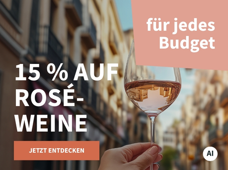 Meravino Weinaktion mit dem Slogan "15 % auf Rosé-Weine". Im Hintergrund eine Passage mit Hausfassaden, davor ein Glas Rosé, das in einer Hand gehalten wird. Hinweis auf "für jedes Budget". Unten Button "Jetzt entdecken". | KI-generiert