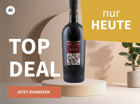 Meravino Weinaktion mit dem Slogan "Top Deal". Beigefarbener Hintergrund, davor eine Flasche Tenuta Ulisse Primitivo 2022 auf einem kleinen Podest, daneben eine Pflanze. Hinweis auf "Nur heute". Unten Button "Jetzt zugreifen". | KI-generiert