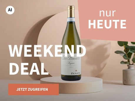 Meravino Weinaktion mit dem Slogan "Weekend Deal". Beigefarbener Hintergrund, davor eine Flasche Zenato Lugana San Benedetto 2025 auf einem kleinen Podest, daneben eine Pflanze. Hinweis auf "Nur heute". Unten Button "Jetzt zugreifen". | KI-generiert