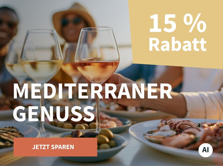 Meravino Weinaktion mit dem Slogan "Mediterraner Genuss". Im Hintergrund Menschen, die an einem gedeckten Tisch sitzen, auf dem Antipasti und Weingläser stehen. Hinweis auf "15 % Rabatt". Unten Button "Jetzt sparen". | KI-generiert