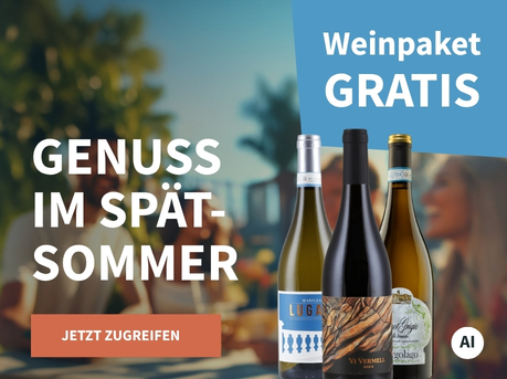 Meravino Weinaktion mit dem Slogan "Genuss im Spätsommer". Im Hintergrund leicht verschwommene Menschen, die unter blauem Himmel in einem Park sitzen. Hinweis auf "Weinpaket Gratis". Unten Button "Jetzt zugreifen". Rechts drei Flaschen. | KI-generiert