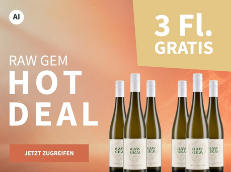 Meravino Weinaktion mit dem Slogan "Raw Gem Hot Deal". Apricotfarbener Hintergrund mit dezenten weißen Rauchstreifen, davor sechs Flaschen Raw Gem Grauburgunder. Hinweis auf "3 Fl. gratis". Unten Button "Jetzt zugreifen". | KI-generiert