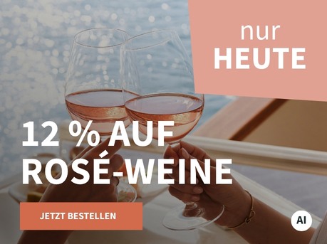 Meravino Weinaktion mit dem Slogan "12 % auf Rosé-Weine". Im Hintergrund zwei Gläser mit Roséwein, mit denen angestoßen wird, dahinter das Meer. Hinweis auf "nur heute". Unten Button "Jetzt bestellen". | KI-generiert