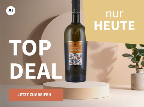 Meravino Weinaktion mit dem Slogan "Top Deal". Beigefarbener Hintergrund, davor eine Flasche Tenuta Ulisse Pecorino 2025 auf einem kleinen Podest, daneben eine Pflanze. Hinweis auf "Nur heute". Unten Button "Jetzt zugreifen". | KI-generiert