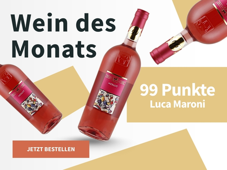 Meravino Weinaktion mit dem Slogan "Wein des Monats". Weiß-gelb gemusterter Hintergrund, darauf drei Flaschen vom Wein des Monats Tenuta Ulisse Merlot Rosato 2025 Hinweis auf "99 Punkte Luca Maroni". Unten Button "Jetzt bestellen". | KI-generiert