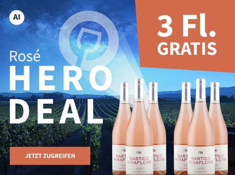 Meravino Weinaktion mit dem Slogan "Rosé Hero Deal". Nachthimmel mit Meravino-Logo und Weinreben im Hintergrund. Hinweis auf "3 Fl. gratis". Unten Button "Jetzt zugreifen". Rechts 6 Flaschen Domaine Lafage Bastide Miraflors Rosé 2025. | KI-generiert