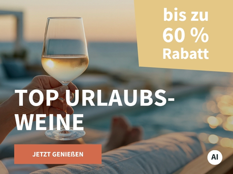 Meravino Weinaktion mit dem Slogan "Top Urlaubsweine". Im Hintergrund ein Infinity-Pool, davor ein Glas Weißwein, das in einer Hand gehalten wird. Hinweis auf "bis zu 60 % Rabatt". Unten Button "Jetzt genießen". | KI-generiert