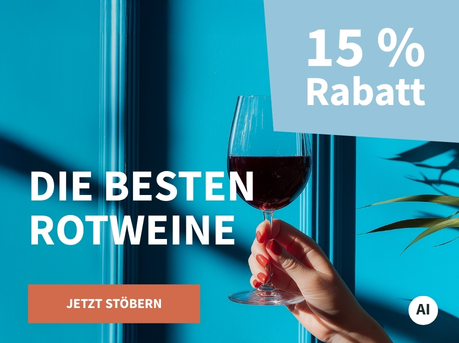 Meravino Weinaktion mit dem Slogan "Die besten Rotweine". Im Hintergrund eine blaue Wand und eine Pflanze, in der Mitte ein Glas Rotwein. Hinweis auf "15 % Rabatt". Unten Button "Jetzt stöbern". | KI-generiert