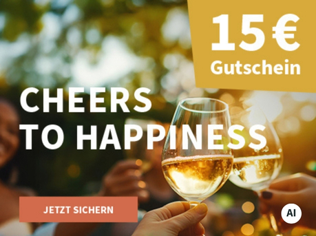 Meravino Weinaktion mit dem Slogan "Cheers to Happiness". Im Hintergrund Bäume, Lichtreflexionen und Menschen, die  mit Weißwein anstoßen. Hinweis auf "15 € Gutschein". Unten Button "Jetzt sichern". | KI-generiert
