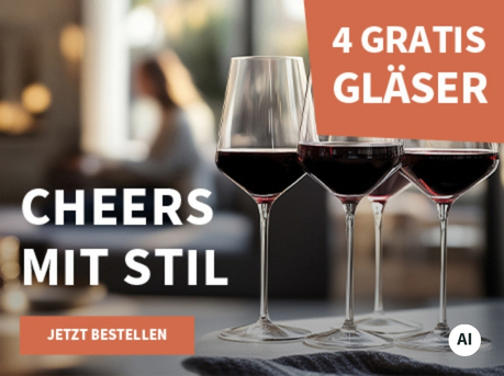 Meravino Weinaktion mit dem Slogan "Cheers mit Stil". Im Hintergrund ein verschwommenes Wohnzimmer, vorne im Bild vier Gläser Rotwein auf einem dunklen Tisch. Hinweis auf "4 Gratis Gläser". Unten Button "Jetzt bestellen". | KI-generiert