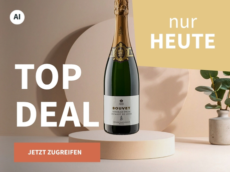 Meravino Weinaktion mit dem Slogan "Top Deal". Beigefarbener Hintergrund, davor eine Flasche Bouvet Assemblage Spécial Crémant de Loire auf einem kleinen Podest, daneben eine Pflanze. Hinweis auf "Nur heute". Unten Button "Jetzt zugreifen". | KI-generiert