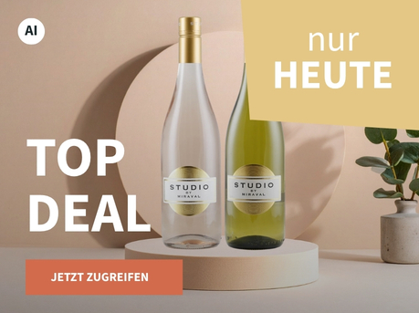 Meravino Weinaktion mit dem Slogan "Top Deal". Beigefarbener Hintergrund, davor zwei Flaschen Studio by Miraval auf einem kleinen Podest, daneben eine Pflanze. Hinweis auf "Nur heute". Unten Button "Jetzt zugreifen". | KI-generiert