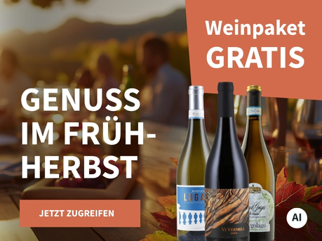 Meravino Weinaktion mit dem Slogan "Genuss im Frühherbst". Im Hintergrund Menschen, die bei Sonnenuntergang an einem gedeckten Tisch beisammensitzen. Hinweis auf "Weinpaket gratis". Unten Button "Jetzt zugreifen". | KI-generiert