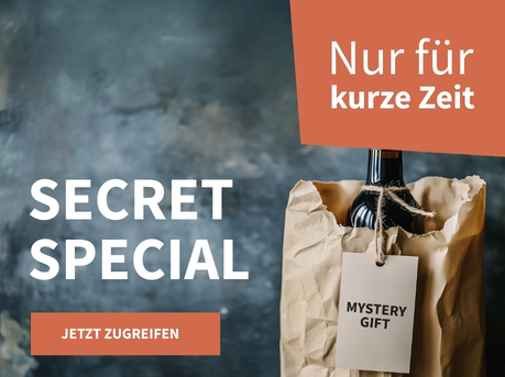 Meravino Weinaktion mit dem Slogan "Secret Special". Im Hintergrund eine Flasche Wein in einer braunen Papiertüte mit der Aufschrift 'Mystery Gift'. Hinweis auf "Nur für kurze Zeit". Unten Button "Jetzt zugreifen". | KI-generiert