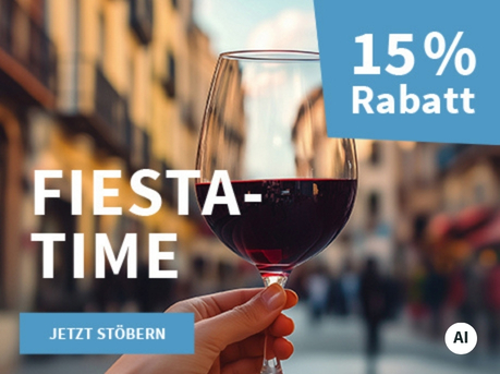 Meravino Weinaktion mit dem Slogan "Fiesta-Time". Im Hintergrund verschwommen eine Einkaufspassage, davor ein Glas Rotwein, das in einer Hand gehalten wird. Hinweis auf "15 % Rabatt". Unten Button "Jetzt stöbern". | KI-generiert