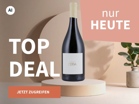 Meravino Weinaktion mit dem Slogan "Top Deal". Beigefarbener Hintergrund, davor eine Flasche San Marzano Edda Bianco auf einem kleinen Podest, daneben eine Pflanze. Hinweis auf "Nur heute". Unten Button "Jetzt zugreifen". | KI-generiert