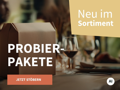 Meravino Weinaktion mit dem Slogan "Probierpakete". Im Hintergrund ein gedeckter Tisch, auf dem ein kleines Paket steht. Hinweis auf "Neu im Sortiment". Unten Button "Jetzt stöbern". | KI-generiert