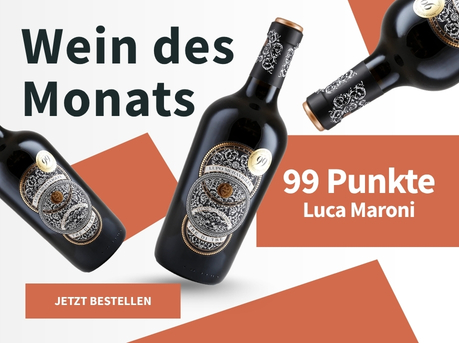 Meravino Weinaktion mit dem Slogan "Wein des Monats". Weiß-orange gemusterter Hintergrund, darauf drei Flaschen vom Wein des Monats Lupo Meraviglia Tre di Tre 2024. Hinweis auf "99 Punkte Luca Maroni". Unten Button "Jetzt bestellen". | KI-generiert