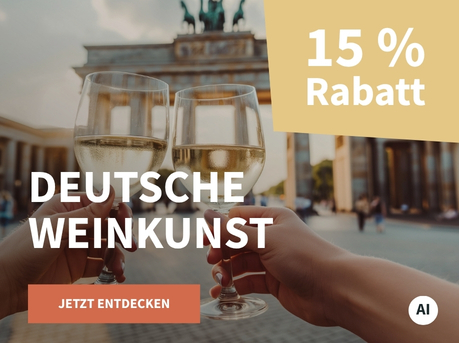 Meravino Weinaktion mit dem Slogan "Deutsche Weinkunst". Im Hintergrund zwei Gläser Weißwein, mit denen vor dem Brandenburger Tor angestoßen wird. Hinweis auf "15 % Rabatt". Unten Button "Jetzt entdecken". | KI-generiert