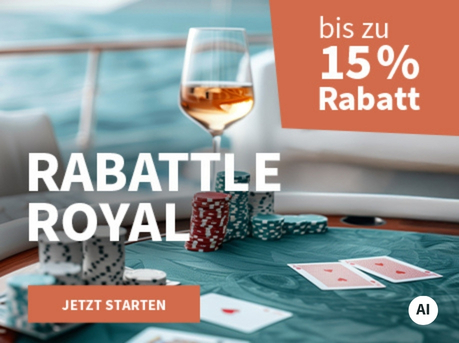 Meravino Weinaktion mit dem Slogan "Rabattle Royal". Im Hintergrund ein Schiffsdeck, davor ein Tisch mit Poker-Chips und einem Glas Roséwein. Hinweis auf "bis zu 15 % Rabatt". Unten Button "Jetzt starten". | KI-generiert