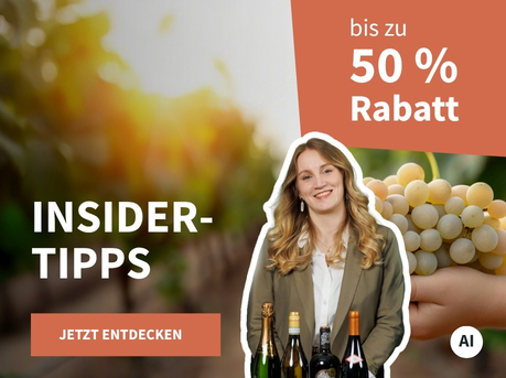 Meravino Weinaktion mit dem Slogan "Insider-Tipps". Im Hintergrund eine Hand, in der ein Bund Trauben liegt. Mittig eine Abbildung von Wine-Insiderin Lea. Hinweis auf "bis zu 50 % Rabatt". Unten Button "Jetzt entdecken". | KI-generiert