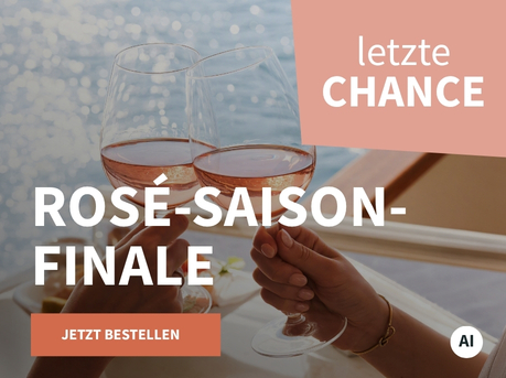 Meravino Weinaktion mit dem Slogan "Rosé-Saison-Finale". Im Hintergrund das Meer, davor zwei Gläser gefüllt mit Rosé, mit denen angestoßen wird. Hinweis auf "Letzte Chance". Unten Button "Jetzt bestellen". | KI-generiert