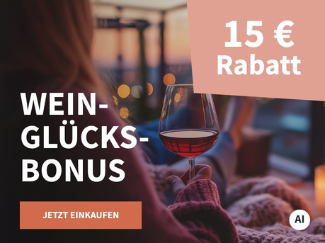 Meravino Weinaktion mit dem Slogan "Weinglückbonus". Im Hintergrund eine Frau, die in der Abenddämmerung mit einem Glas Rotwein in der Hand auf einer Dachterrasse sitzt. Hinweis auf "15 € Rabatt". Unten Button "Jetzt einkaufen". | KI-generiert