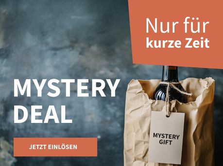 Meravino Weinaktion mit dem Slogan "Mystery Deal". Im Hintergrund eine Flasche Wein in einer braunen Papiertüte mit der Aufschrift 'Mystery Gift'. Hinweis auf "Nur für kurze Zeit". Unten Button "Jetzt einlösen". | KI-generiert