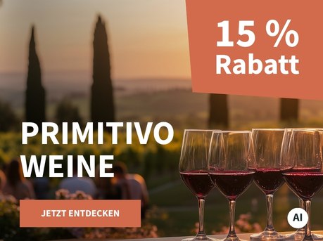 Meravino Weinaktion mit dem Slogan "Primitivo Weine". Im Hintergrund Menschen, die in der Abenddämmerung neben einem kleinen Feld zusammensitzen, im Vordergrund mehrere Gläser Rotwein. Hinweis auf "15 % Rabatt". Unten Button "Jetzt entdecken". | KI-generiert
