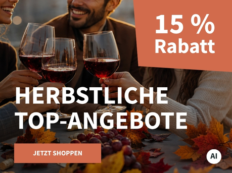 Meravino Weinaktion mit dem Slogan "Herbstliche Top-Angebote". Im Hintergrund eine Gruppe von Menschen um einen herbstlich dekorierten Tisch, die mit Rotweingläsern anstoßen. Hinweis auf "15 % Rabatt". Unten Button "Jetzt shoppen". | KI-generiert
