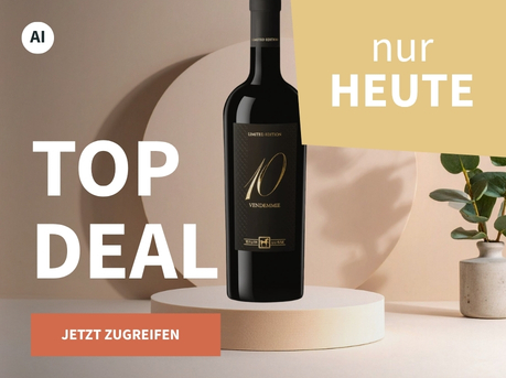 Meravino Weinaktion mit dem Slogan "Top Deal". Beigefarbener Hintergrund, davor eine Flasche Tenuta Ulisse 10 Vendemmie Limited Edition auf einem kleinen Podest, daneben eine Pflanze. Hinweis auf "Nur heute". Unten Button "Jetzt zugreifen". | KI-generiert