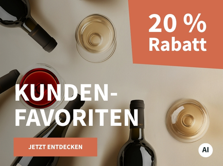Meravino Weinaktion mit dem Slogan "Kundenfavoriten". Beigefarbener Hintergrund, davor Weinflaschen und Weingläser gefüllt mit Rot- und Weißwein. Hinweis auf "20 % Rabatt". Unten Button "Jetzt entdecken". | KI-generiert