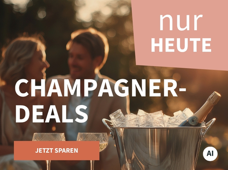 Meravino Weinaktion mit dem Slogan "Champagner-Deals". Im Hintergrund ein Pärchen, das an einem Tisch sitzt; im Vordergrund ein Weinkühler mit Eiswürfeln und einer Flasche Champagner darin. Hinweis auf "Nur heute". Unten Button "Jetzt sparen". | KI-generiert