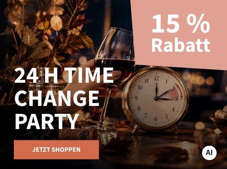 Meravino Weinaktion mit dem Slogan "24h Time Change Party". Im Hintergrund eine Uhr, florale Deko, Weinkorken und ein Glas Rotwein. Hinweis auf "15 % Rabatt". Unten Button "Jetzt shoppen". | KI-generiert
