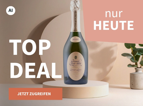 Meravino Weinaktion mit dem Slogan "Top Deal". Beigefarbener Hintergrund, davor eine Flasche Grande Cuvée 1531 de Aimery Rosé Brut Crémant de Limoux auf einem kleinen Podest, daneben eine Pflanze. Hinweis auf "Nur heute". Unten Button "Jetzt zugreifen". | KI-generiert