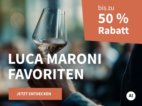 Meravino Weinaktion mit dem Slogan "Luca Maroni Favoriten". Im Hintergrund ein Glas mit Weißwein gefüllt, das in einer Hand gehalten wird. Hinweis auf "bis zu 50 % Rabatt". Unten Button "Jetzt entdecken". | KI-generiert