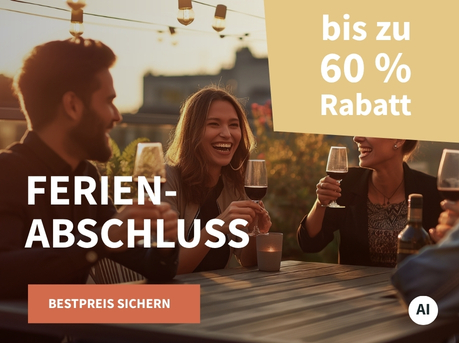 Meravino Weinaktion mit dem Slogan "Ferienabschluss". Im Hintergrund Menschen, die zusammensitzen und Wein trinken. Hinweis auf "bis zu 60 % Rabatt". Unten Button "Bestpreis sichern". | KI-generiert