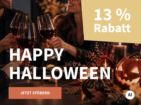 Meravino Weinaktion mit dem Slogan "Happy Halloween". Im Hintergrund ein Kürbis, ein gedeckter Tisch und Gläser mit Rotwein, mit denen angestoßen wird. Hinweis auf "13 % Rabatt". Unten Button "Jetzt stöbern". | KI-generiert