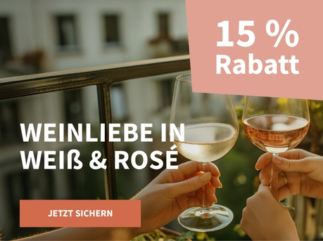 Meravino Weinaktion mit dem Slogan "Weinliebe in Weiß und Rosé". Im Hintergrund ein Balkon mit Pflanzen, davor ein Glas Rosé und ein Glas Weißwein, die jeweils in einer Hand gehalten werden. Hinweis auf "15 % Rabatt". Unten Button "Jetzt sichern".