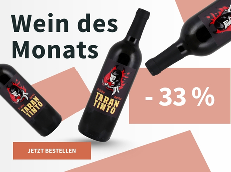Meravino Weinaktion mit dem Slogan "Wein des Monats". Weiß-rosa gemusterter Hintergrund, darauf drei Flaschen Tarantinto Barrica "el casho". Hinweis auf "-33 %". Unten Button "Jetzt bestellen".